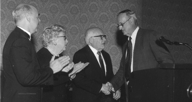 Jane and John Schaeffer with late president Dr. Thomas E. Dillon (left) and College co-founder John W. Neumayr (right)