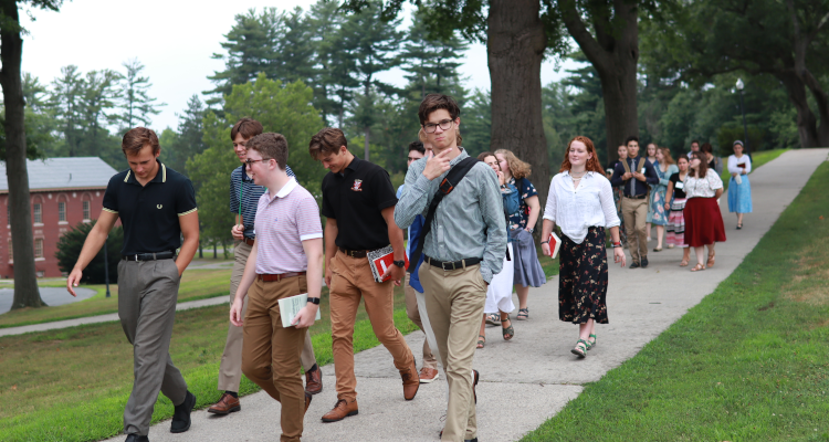 Students walk from the Chapel
