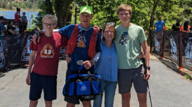 Joseph Seeley (’94) with his wife, Monica (Heithaus ’96), and sons Winston and Benedict upon completing the San Diego 100 endurance trail run in June