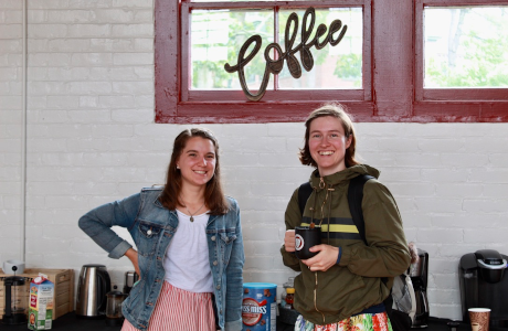 Students pose in the Tracy coffee shop