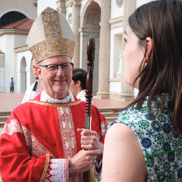 Bishop Conley talks with Caroline Guinee