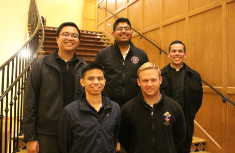 Representatives from the Archdiocese of Los Angeles who visited the California campus for a recent vocations talk, including Jorge Moncada Hernandez (’18 , center) and Paul Collins (’14, bottom right)