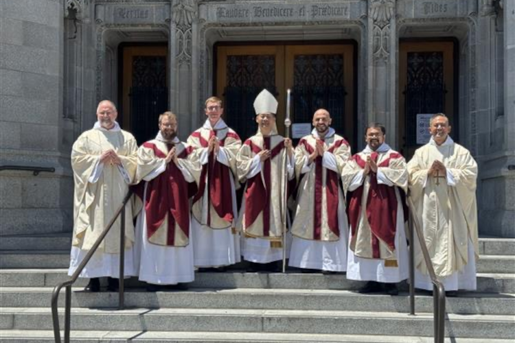 Rev. John Peter Anderson, O.P. (’17), third from left, with the Most Rev. Steven Maekawa, O.P., Bishop of Fairbanks, and fellow newly ordained Dominican priests