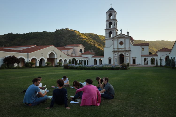 Several relax together on the grassy quad