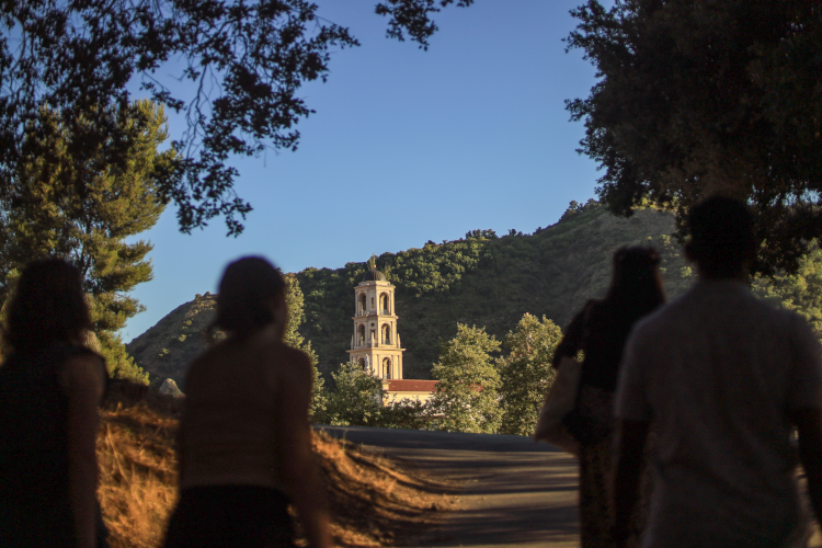 Students with Chapel in background