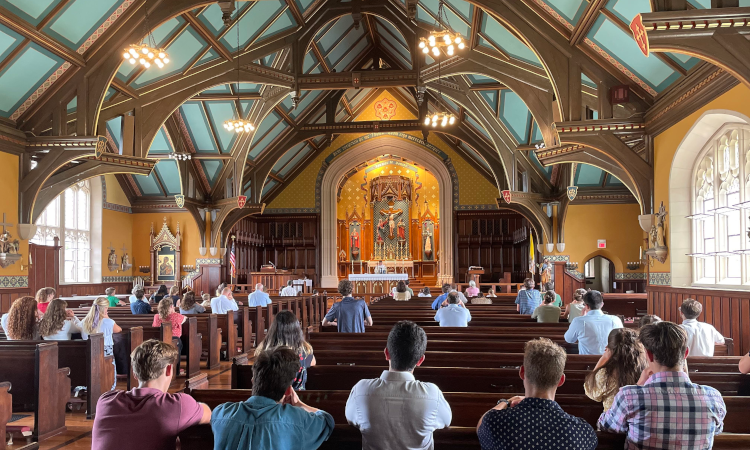 Students pray the Rosary in the Chapel