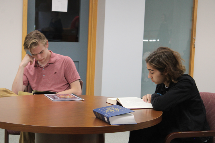 Two students study at a round table