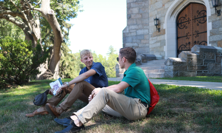 Students talk outside the Chapel