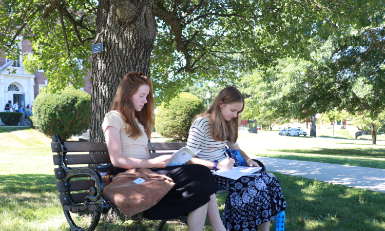 Two students read on a bench