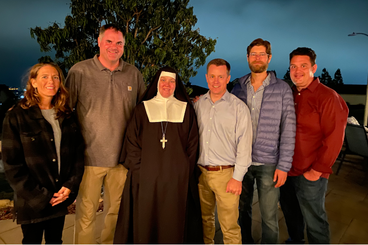 Fellow members of the Class of 1999 with Mother Madeleine Marie of St. Joseph: Christine (Dillon) Ellis, Mark Kretschmer, Jon Daly, Nathan Haggard, and Tommy Kaiser