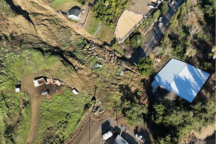 Aerial view of mudslide and road closure, courtesy of Caltrans