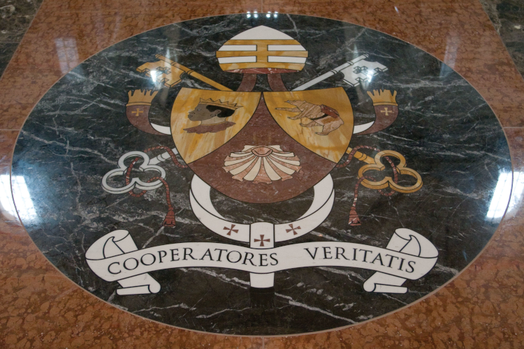 The coat of arms of Pope Benedict XVI from Our Lady of the Most Holy Trinity Chapel