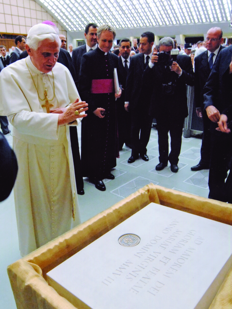 Pope Benedict XVI blesses the cornerstone of Our Lady of the Most Holy Trinity Chapel