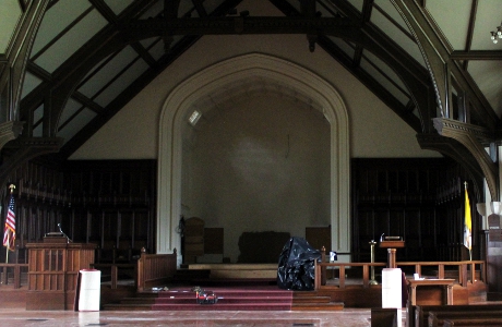 Under construction: the New England chapel, with pews removed for reconfiguration