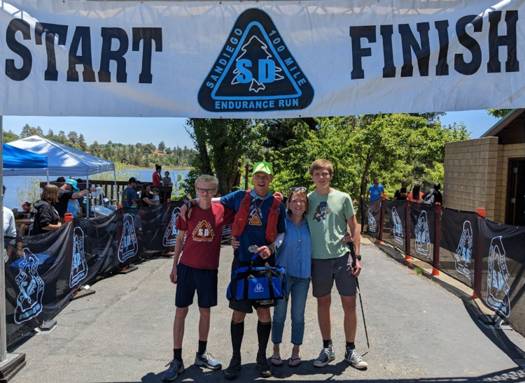 Joseph Seeley (’94) with his wife, Monica (Heithaus ’96), and sons Winston and Benedict upon completing the San Diego 100 endurance trail run in June