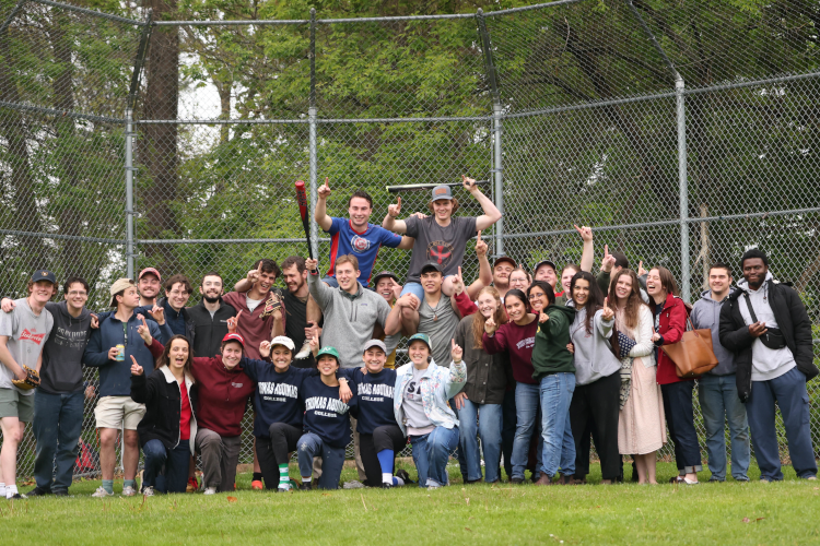 The seniors celebrate their first win against the faculty