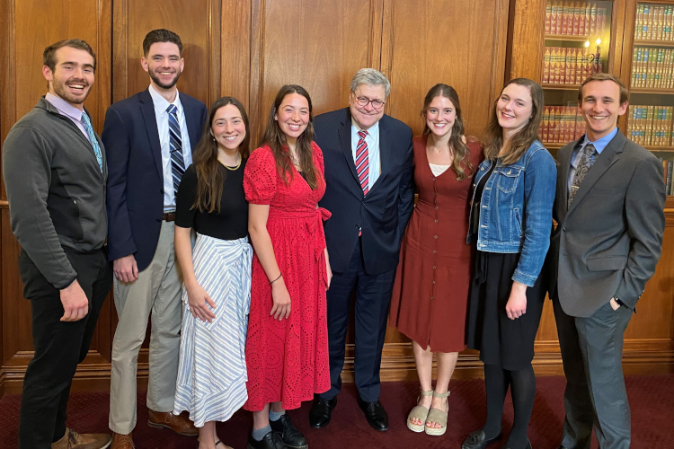 Former Attorney General William Barr meets with Thomas Aquinas College students.