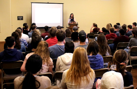 Maggie Tuttle speaks to students on the California campus.