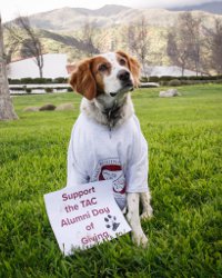 Rusty, in TAC t-shirt, holding sign that says 