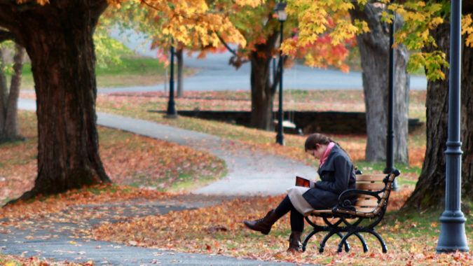 Student reading on the New England campus