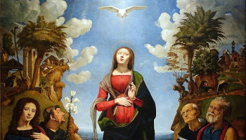 Mary gazes upward at the Holy Spirit