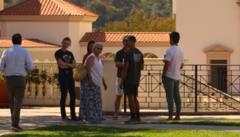 Friends gather outside Our Lady of the Most Holy Trinity Chapel