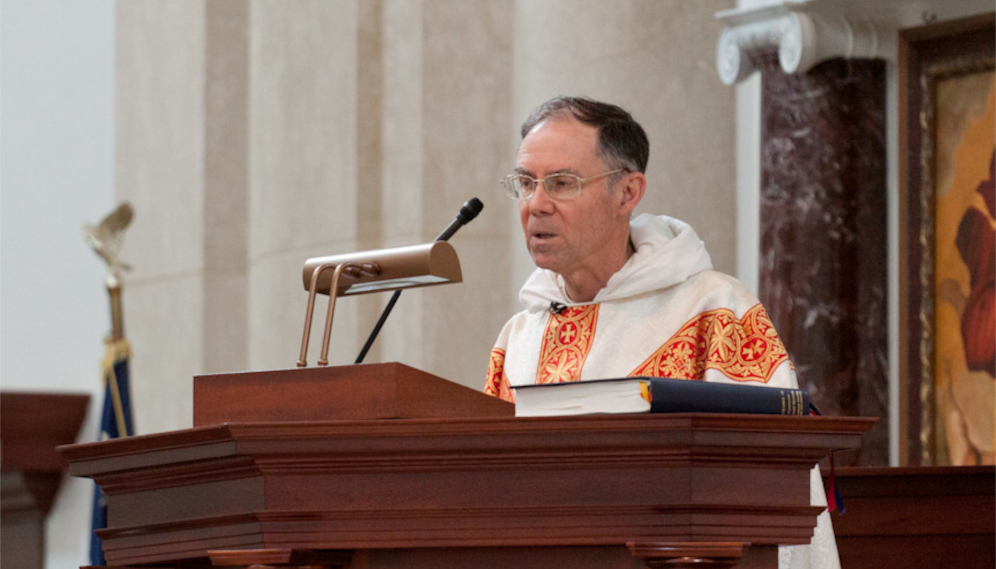 Fr. Paul delivers a homily from the Chapel pulpit