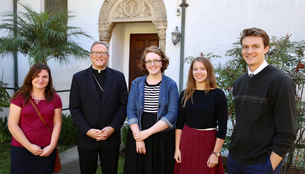 Bishop Barron visits with students in 2017.