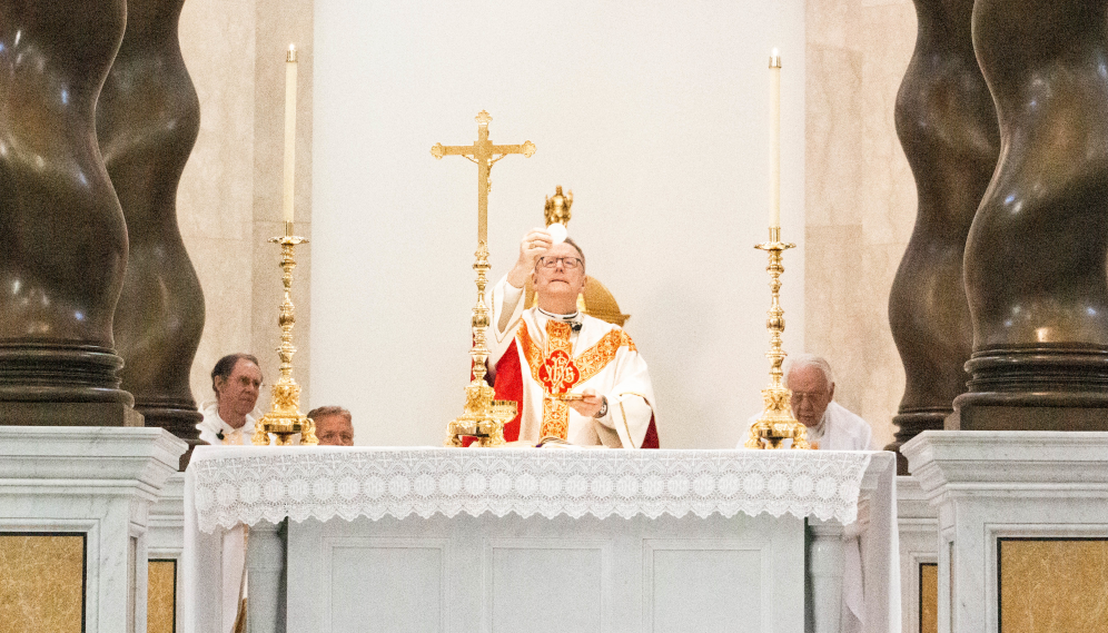 Bishop Barron offers Mass in Our Lady of the Most Holy Trinity Chapel prior to the Global Rosary Relay in 2020.