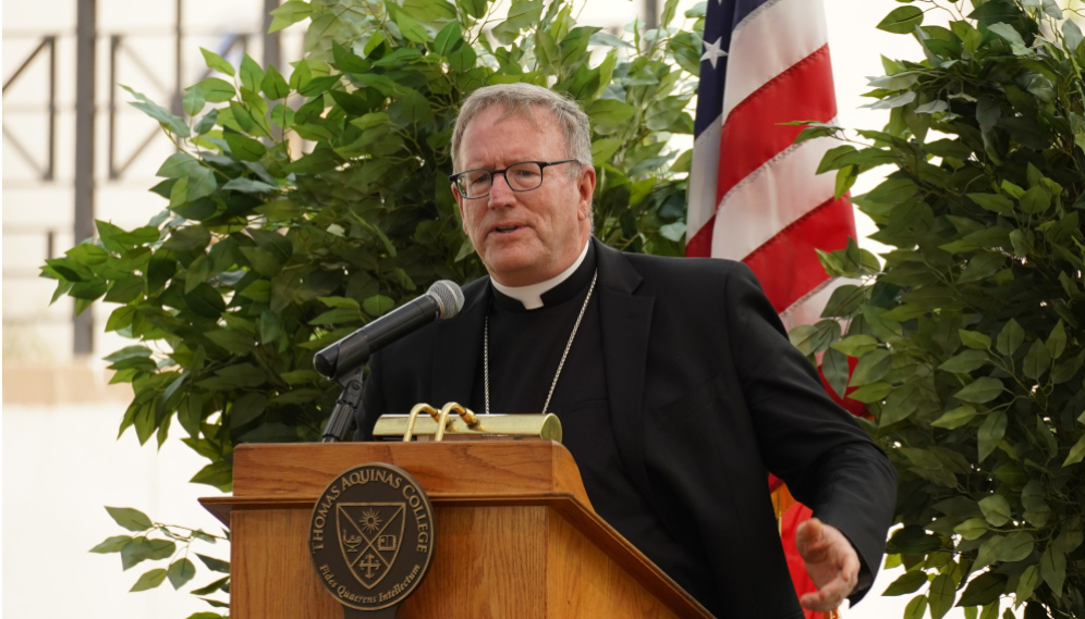 Bishop Barron speaks to friends of Thomas Aquinas College following a Mass celebrating the College’s 50th anniversary in 2021.