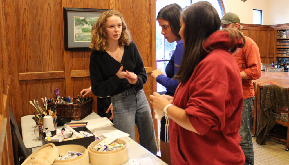 Students select art supplies