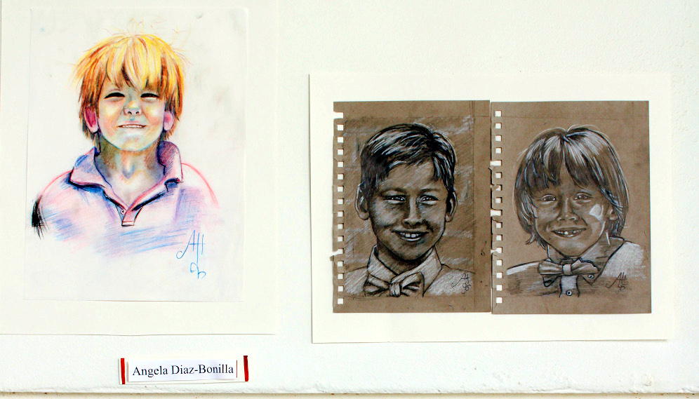 Three portraits of children in colored pencil by Angela Diaz-Bonita