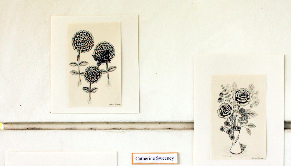Two inked drawings of flowers by Catherine Sweeney