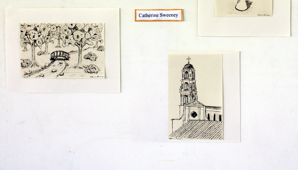 Inked drawings of a bridge among trees and the California Chapel by Catherine Sweeney