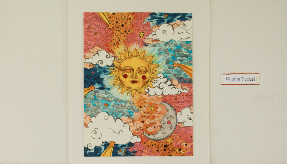 A stylized depiction of the sky, with a sun and moon with faces and shooting stars, by Regina Terreri