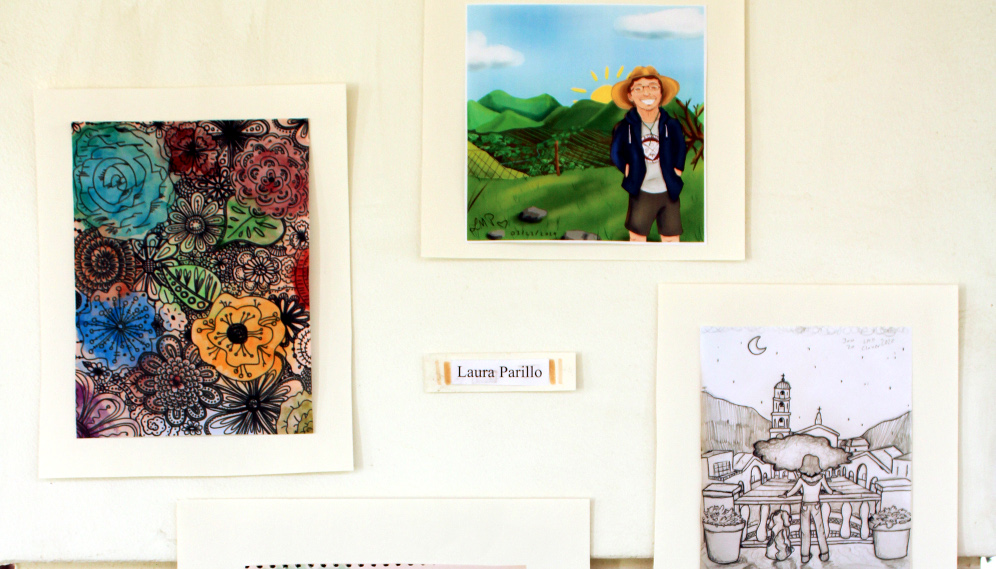 Three drawing by Laura Parillo: a watercolor-and-ink piece of flowers, a depiction of a farmer in a TAC shirt, and a drawing of a student looking at the Chapel