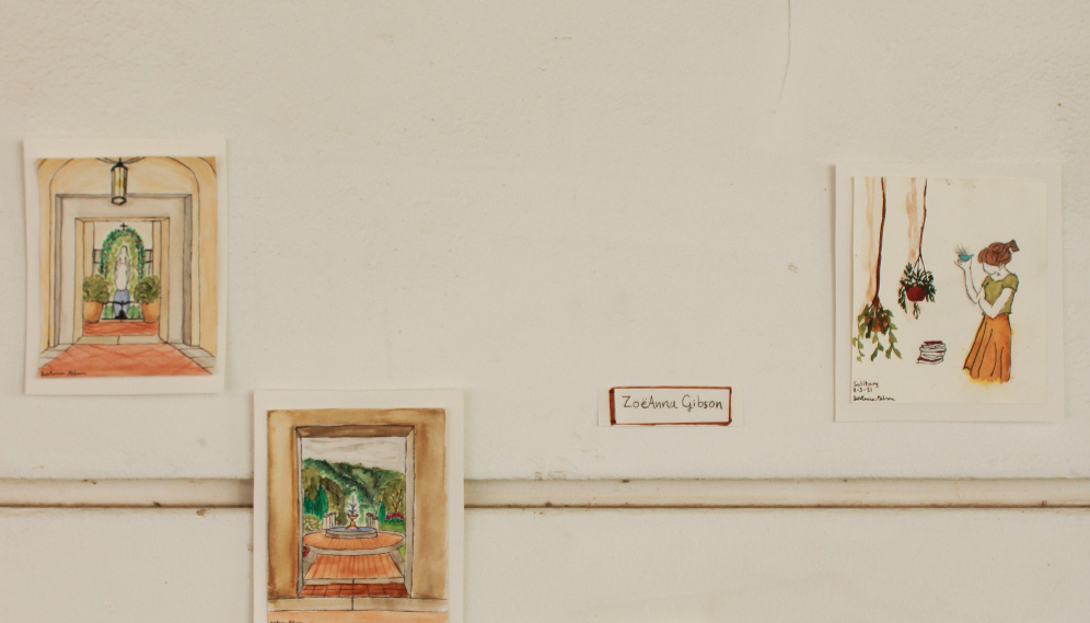 Three drawings by ZoeAnne Gibson: Two of TAC fountains, and one of a girl with hanging potted plants