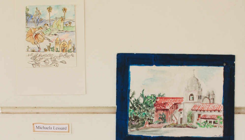 Two watercolors by Michela Lessard: two girls dancing front of one of the missions, and another drawing of a mission