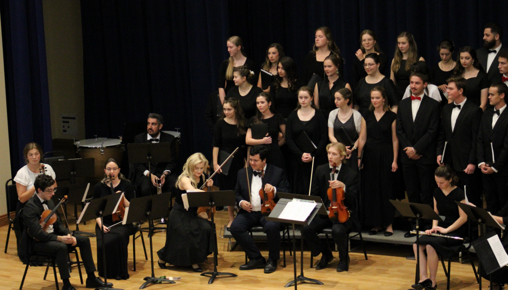 The left side of the orchestra and choir