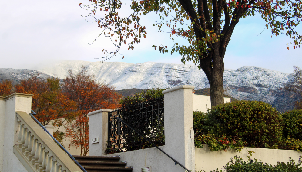 Snow on the mountains over the California campus