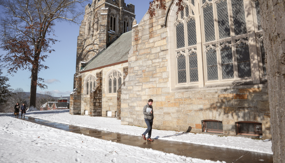 A view of the Chapel with snow on the ground outside