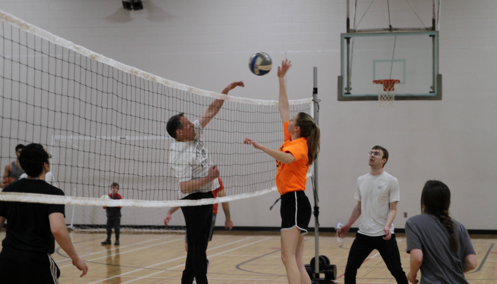 A fight for control of the ball at the net