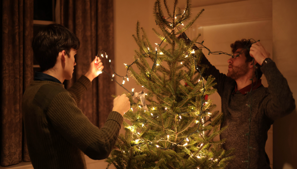 The boys decorate their tree