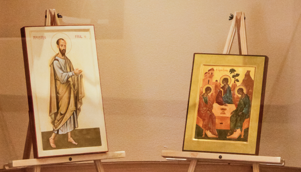 An icon of Saint Paul, written by famous English iconographer Aidan Hart, and an icon of the Holy Trinity written, by Irene Perez Omar of Austin, Texas 