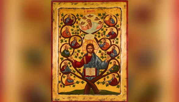 Greek Icon of Christ as the true vine, the twelve apostles as the branches, and the Father and Holy Spirit above, surrounded by five angels. “I am the vine, you are the branches. Whoever remains in me and I in him will bear much fruit, because without me you can do nothing” (John 15:5).