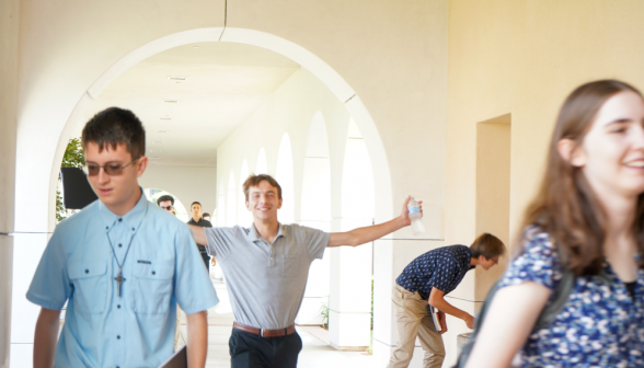 Students walk along academic quadrangle