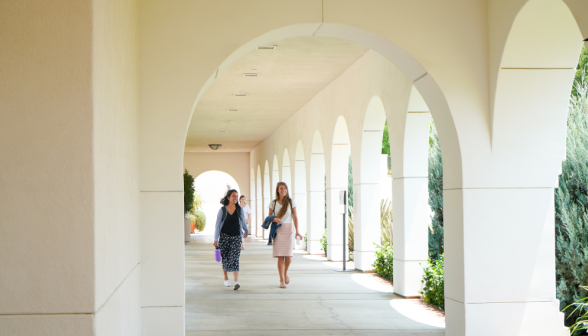 Students walk along academic quadrangle