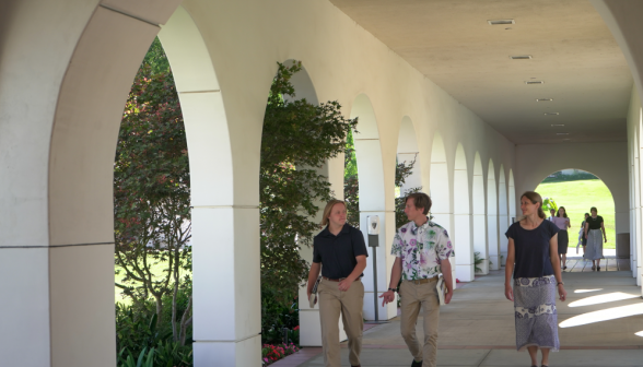 Students walk along academic quadrangle