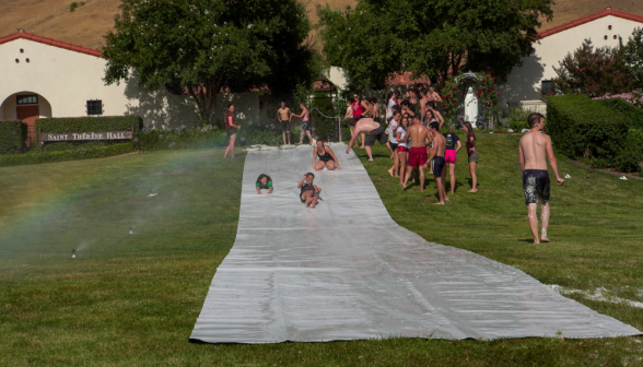 Three at once start down the slide!