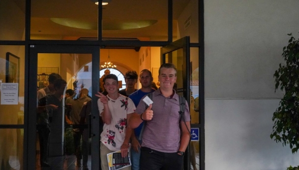 Students emerge from the library